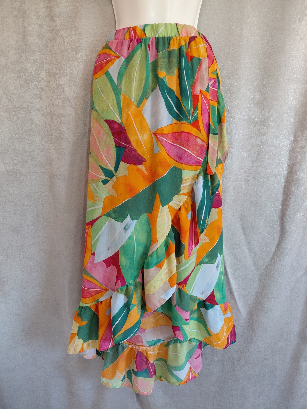 Time Tru High Low Ruffle Wrap Skirt Tropical Leaf Print Plus sz 1x ( 16w 18w)